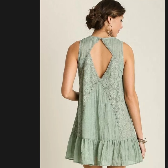 Sage olive green lace overlay open peek a boo back swing dress S boho casual - Picture 2 of 6